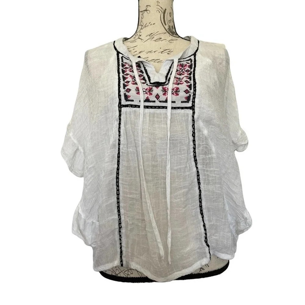 JW Style Peasant Top Womens M White Embroidered Boho Gauze Ruffle Gauze Ethereal